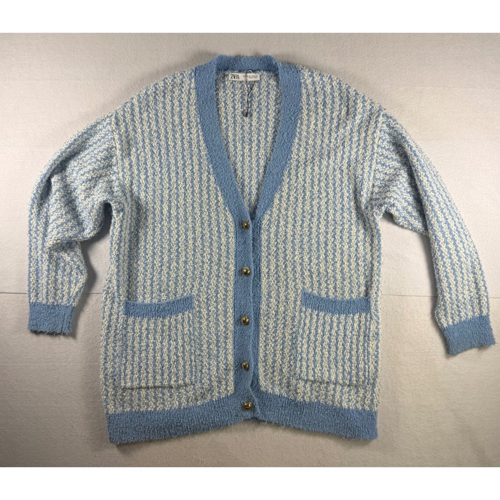 Zara Light Blue White Textured Knit Cardigan Gold Button Oversized XS-S
